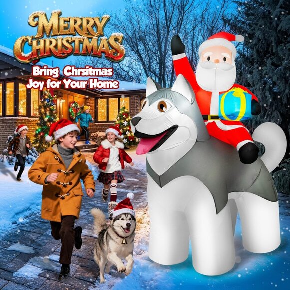 🆕8×7FT  Christmas Inflatable Santa Riding Husky Dog Outdoor Decoration - Picture 8 of 8